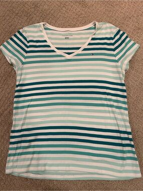 Tommy Hilfiger Aqua, Teal & White Striped V-Neck Tee Size XXL